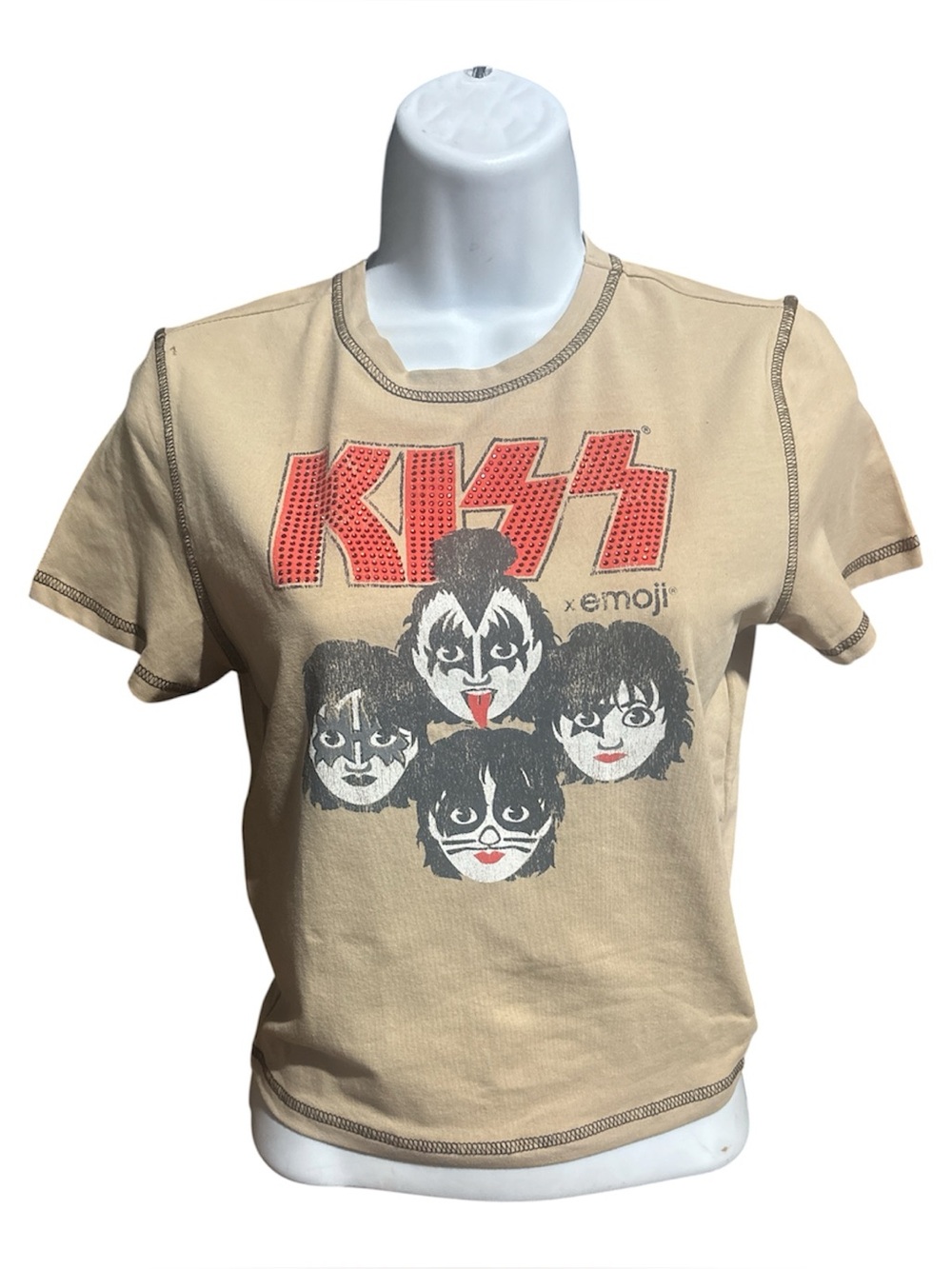 KISS Graphic Baby Tee – Red Rhinestone Logo – Contrast Stitching